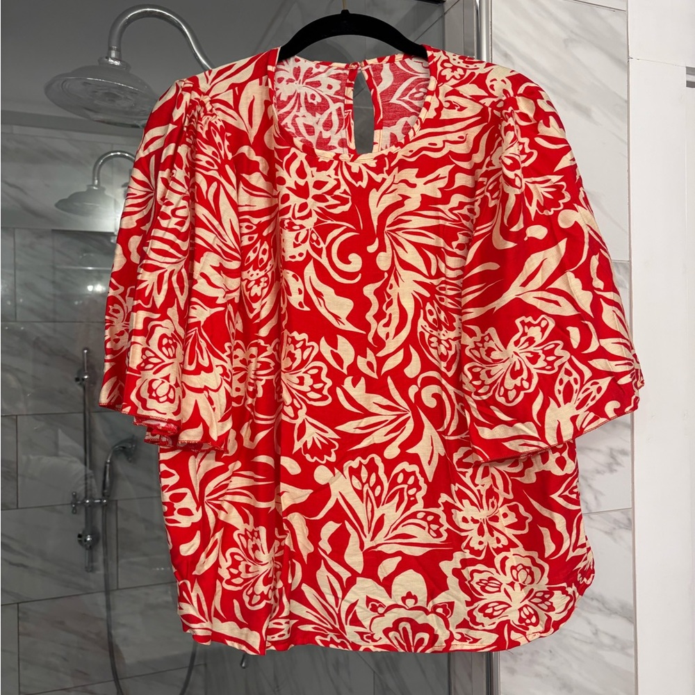 Floral Red and Cream Women's Top